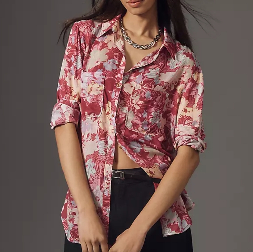 Anthropologie Floral Button-Up Blouse in Rose and Cream